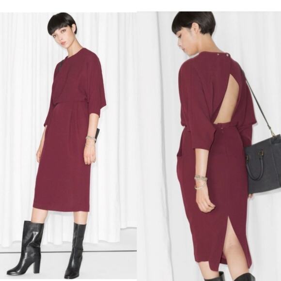 & Other Stories Burgundy Open Back Bat Wing Crepe Midi Dress 4 / S - Picture 1 of 13